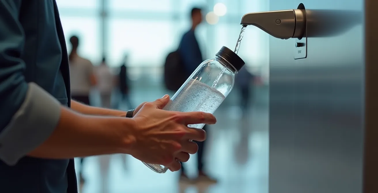 Modern water refill station in bright airport terminal with traveler's hands holding reusable bottle under sensor-activated spout