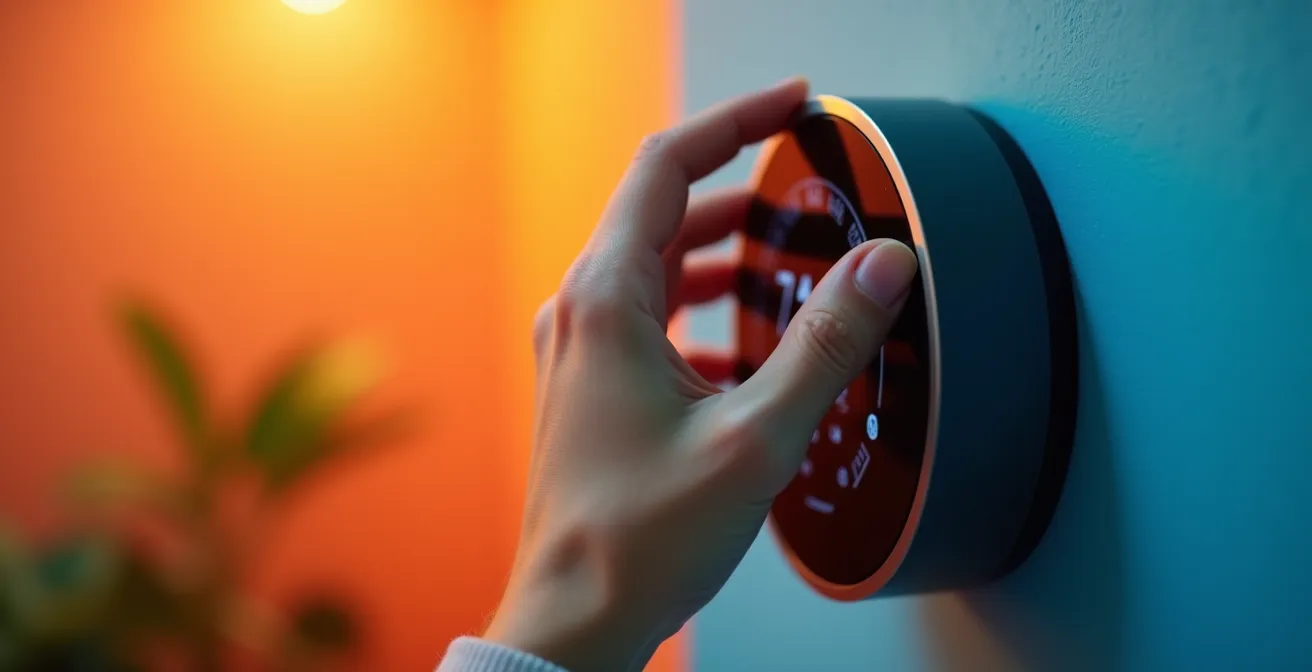 Hand adjusting smart thermostat with temperature gradient visualization