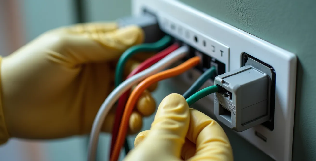 Close-up view of hands working on thermostat wiring installation with tools