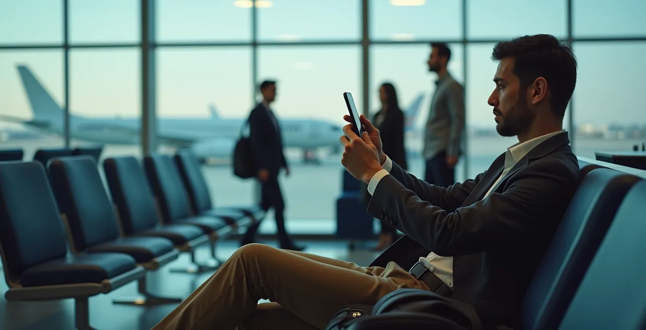 Business traveler examining phone skeptically in airport setting with laptop nearby