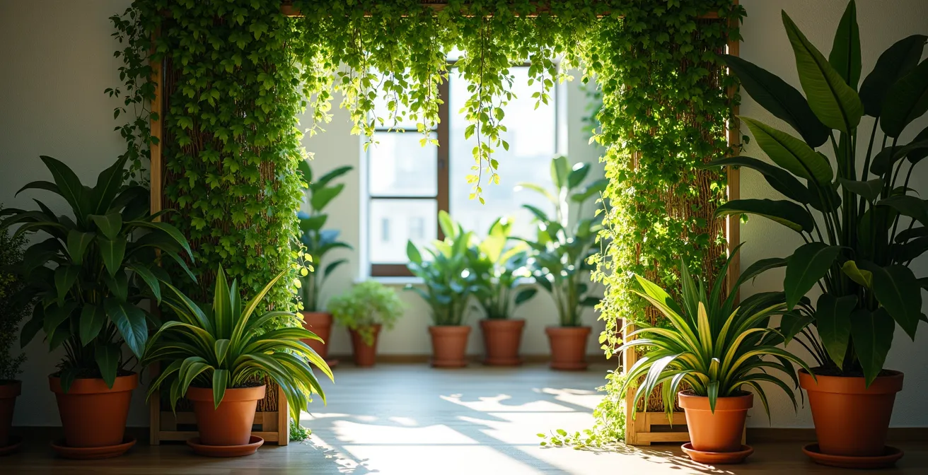 Multi-layered arrangement of indoor plants creating a natural privacy screen with trailing vines on tension rods