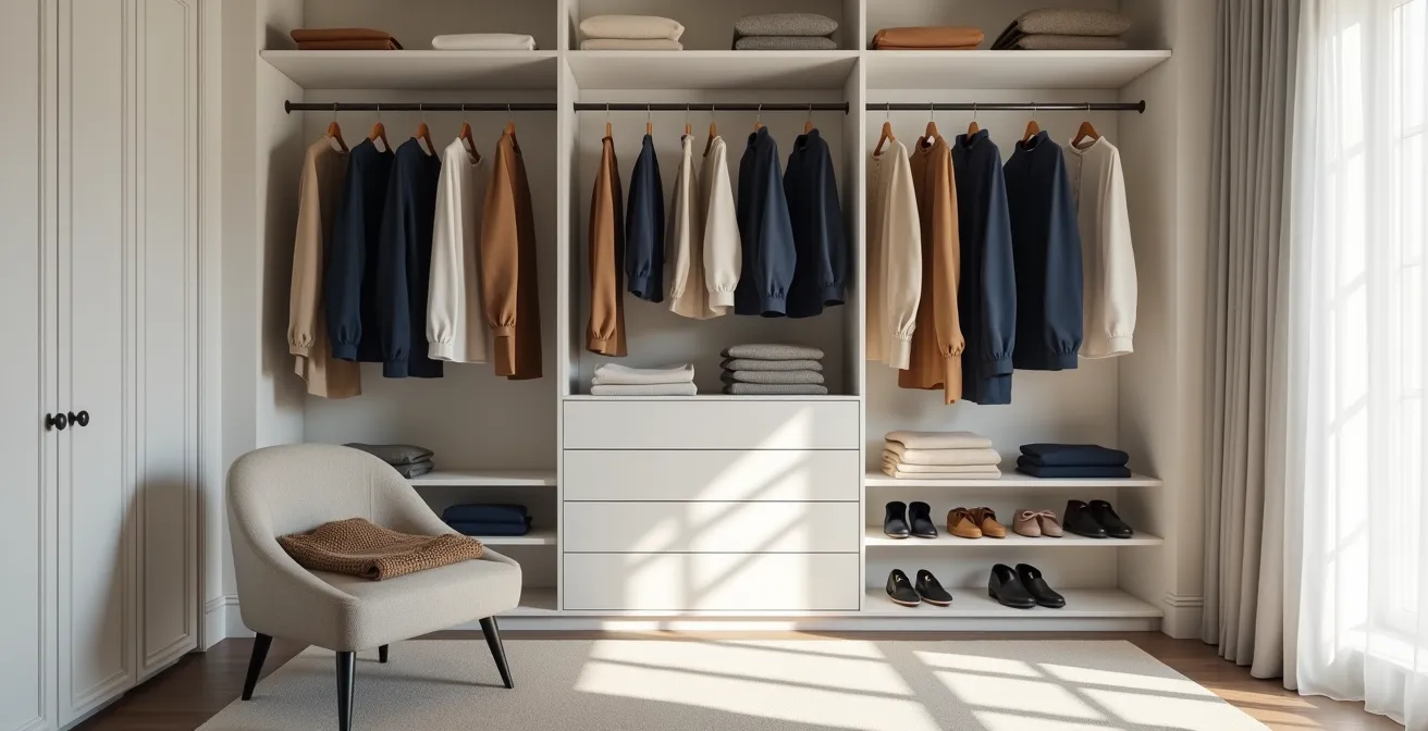 Organized minimalist wardrobe with carefully curated clothing pieces