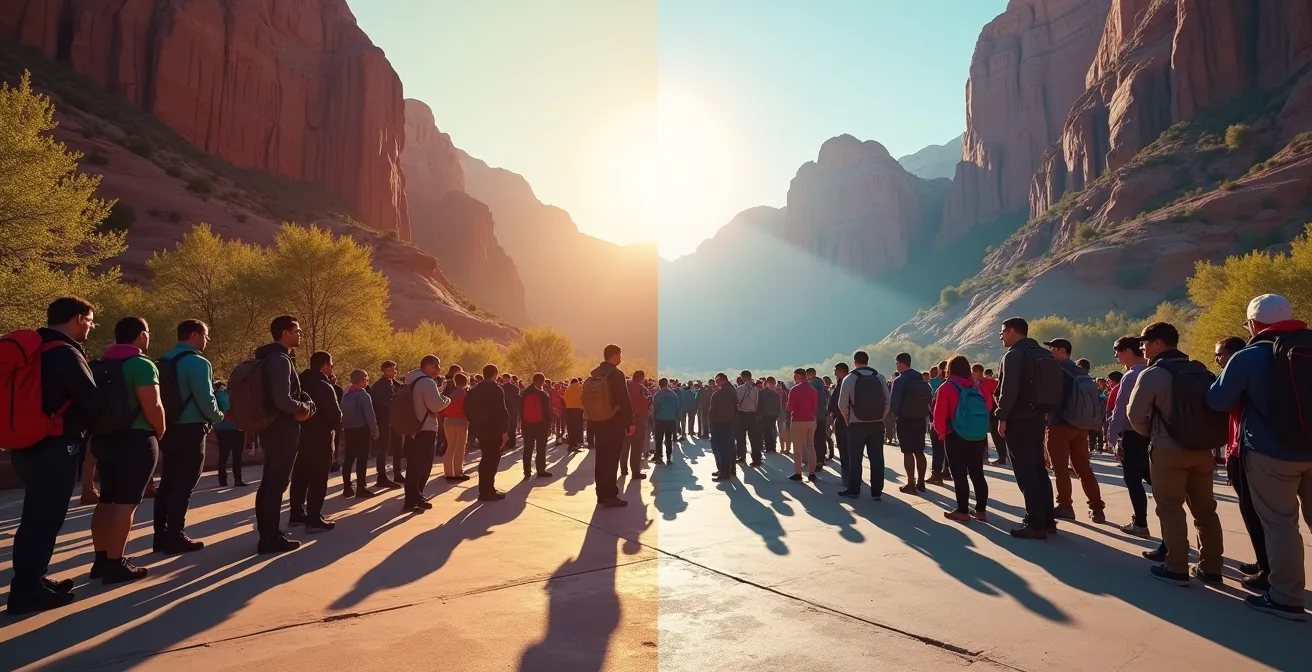 Early morning versus late morning crowd comparison at Zion shuttle stop