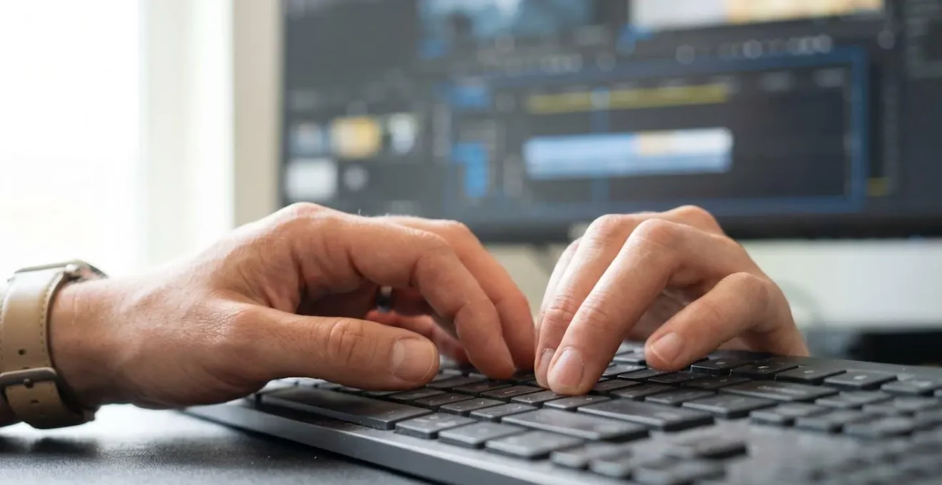 Extreme close-up of hands typing on keyboard with video timeline interface softly blurred in background