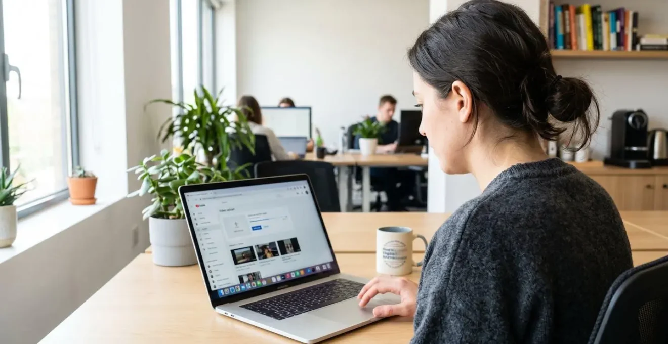 A person works at a laptop in a bright contemporary office, viewed from behind showing their hands on keyboard and a video editing interface on screen