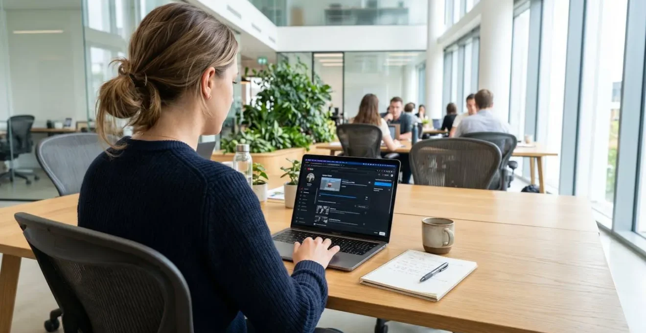 A person works at a laptop in a bright contemporary office, viewed from behind showing their hands on keyboard and a video editing interface on screen