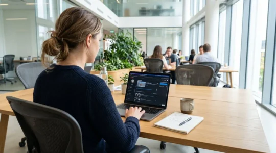 A person works at a laptop in a bright contemporary office, viewed from behind showing their hands on keyboard and a video editing interface on screen