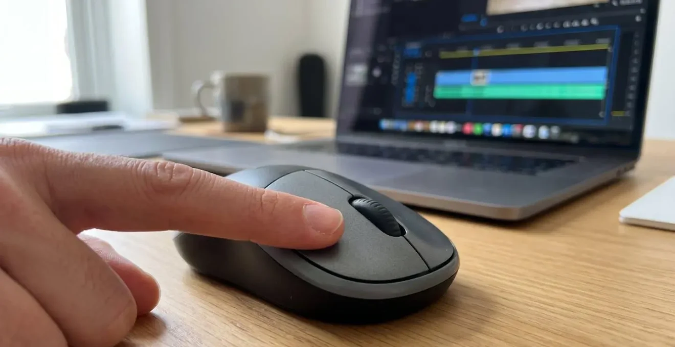 Extreme close-up of a finger clicking a mouse button with a blurred laptop screen showing a video editing timeline in the soft-focus background