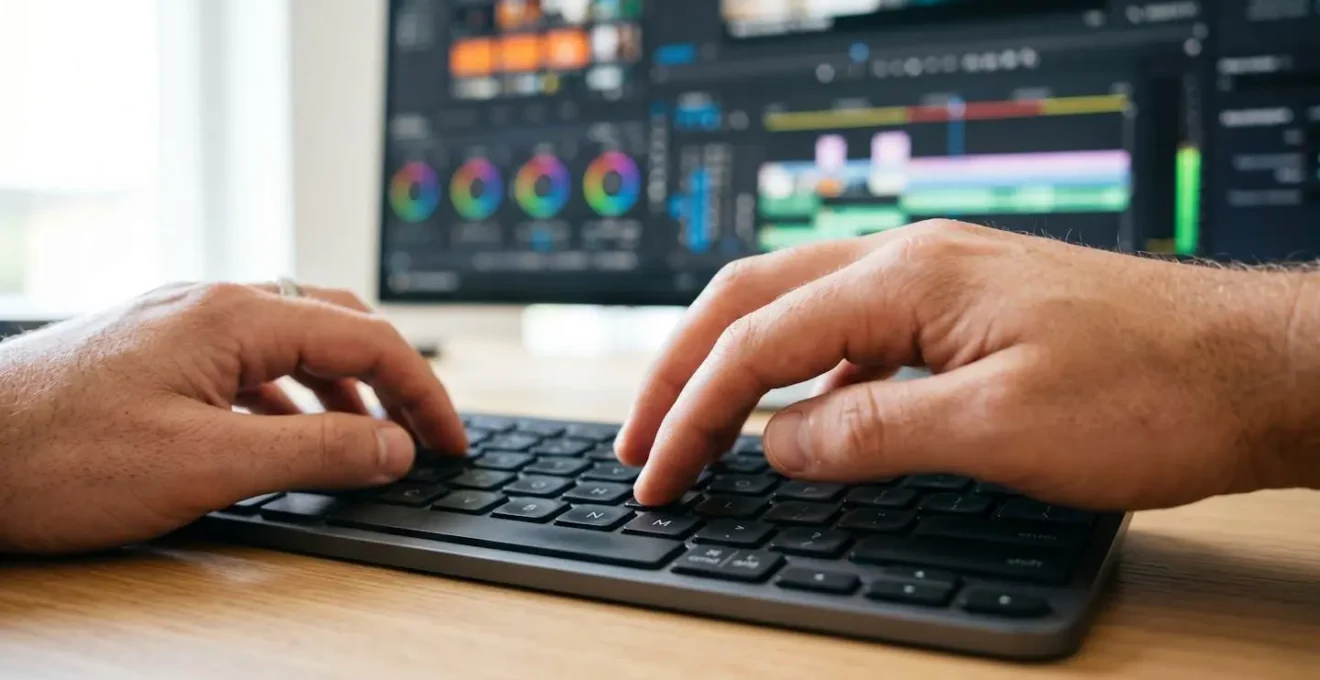Extreme close-up of hands typing on a modern laptop keyboard with a blurred video editing timeline visible on the screen in soft focus background