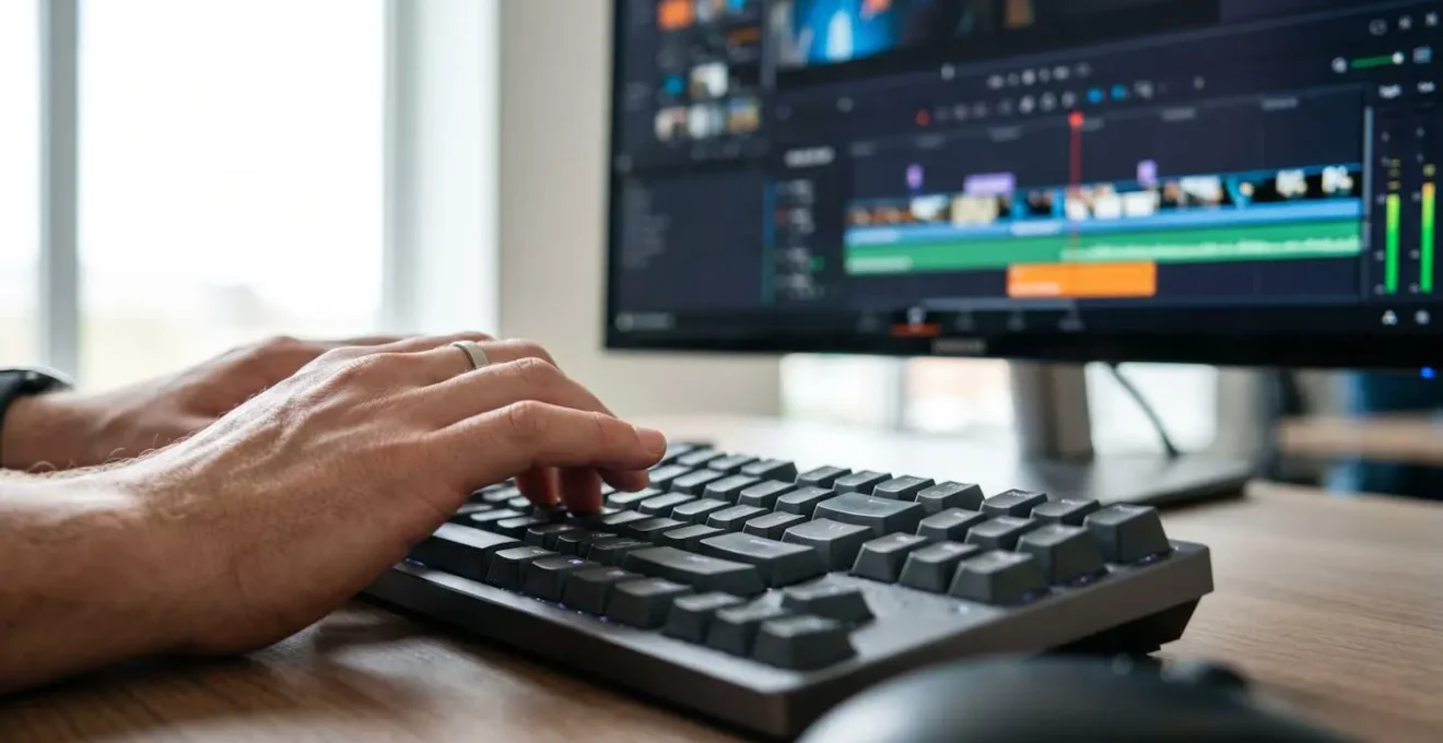 Extreme close-up of hands typing on a modern laptop keyboard with a blurred video editing timeline visible on the screen in soft focus background