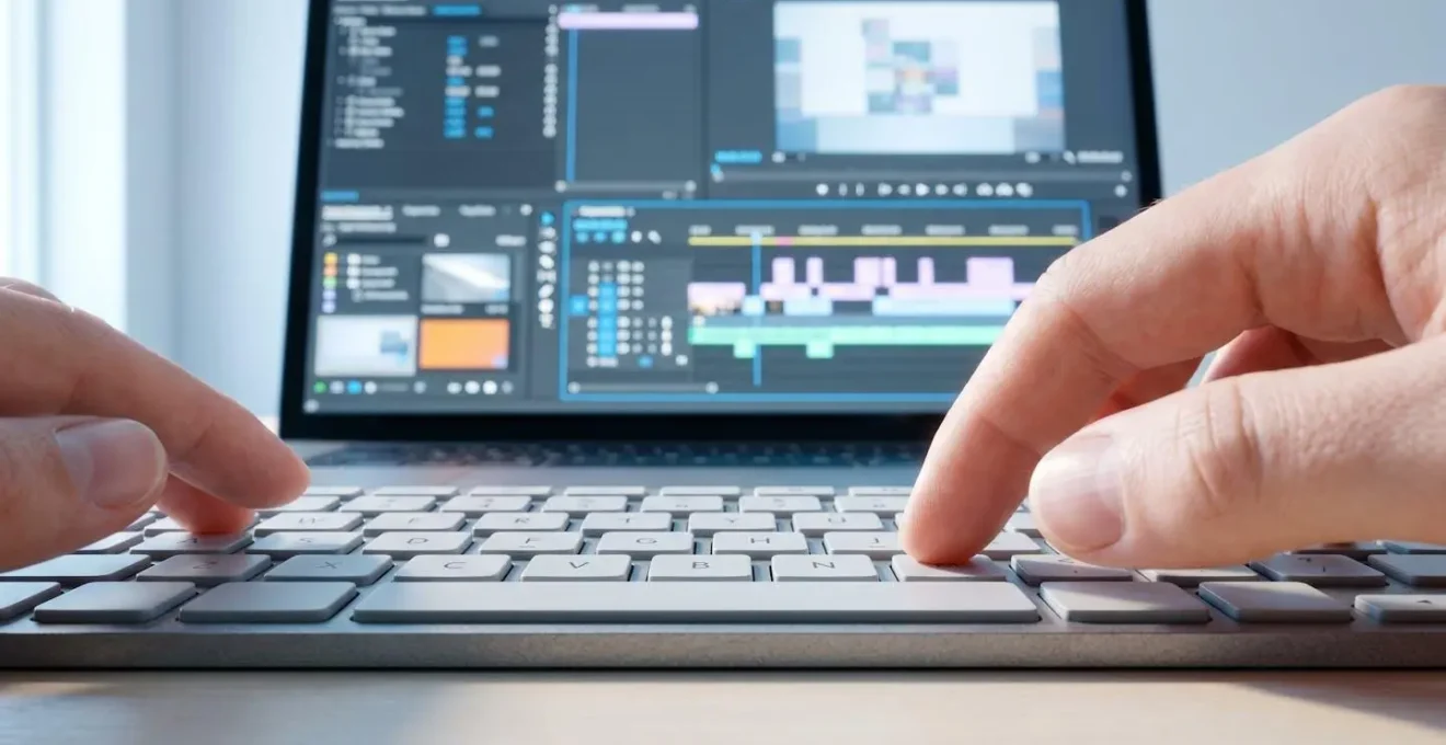 Extreme close-up of hands typing on a modern laptop keyboard with a blurred video editing timeline visible on the screen in soft focus background