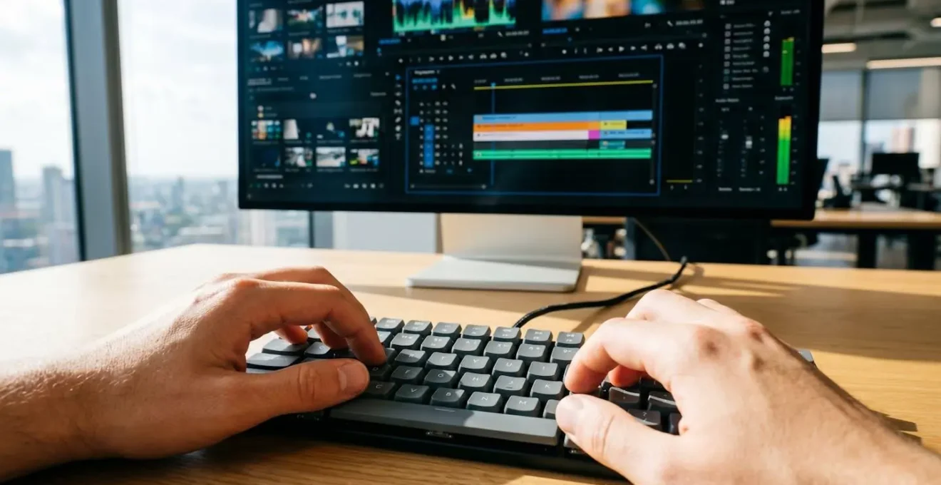 Extreme close-up of hands typing on a modern laptop keyboard with a blurred video editing timeline visible on the screen in soft focus background