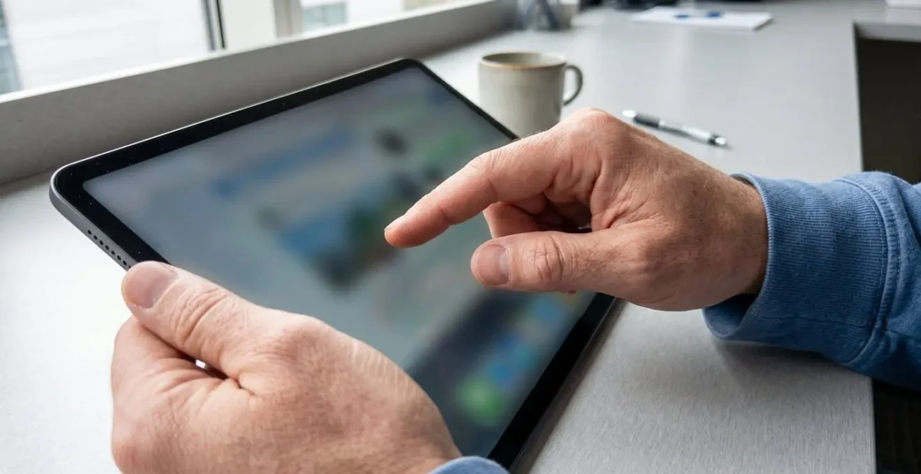 Close-up of hands holding and interacting with a tablet displaying a video editing timeline interface, with soft focus background suggesting an office environment