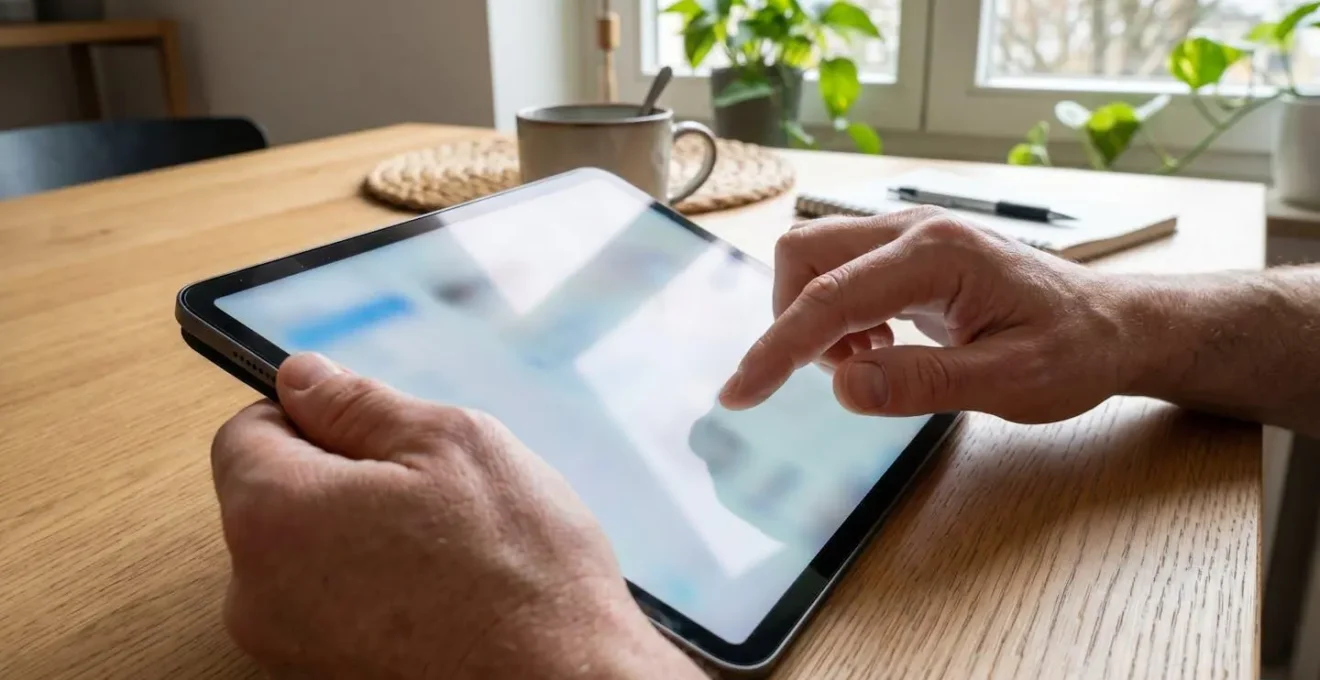 Close-up of hands holding and interacting with a tablet displaying a video editing timeline interface, with soft focus background suggesting an office environment