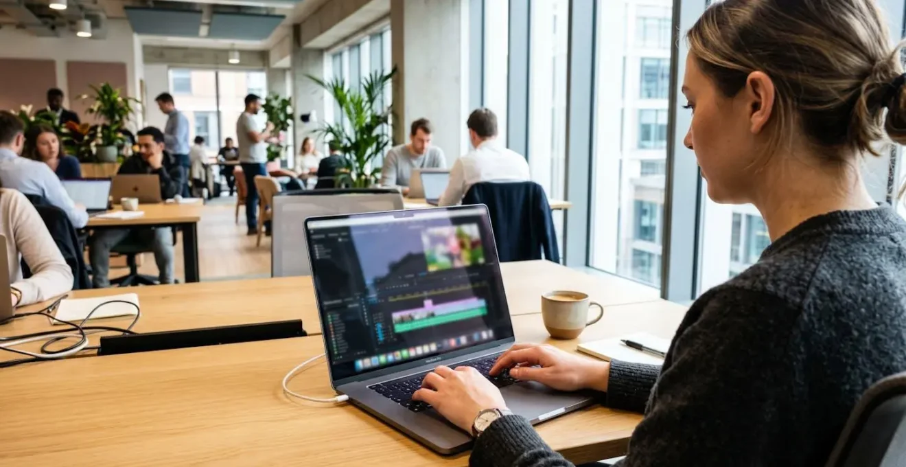 Marketing professional editing a video on a laptop in a bright modern co-working space, viewed from over the shoulder with the browser-based editor interface visible but blurred on screen