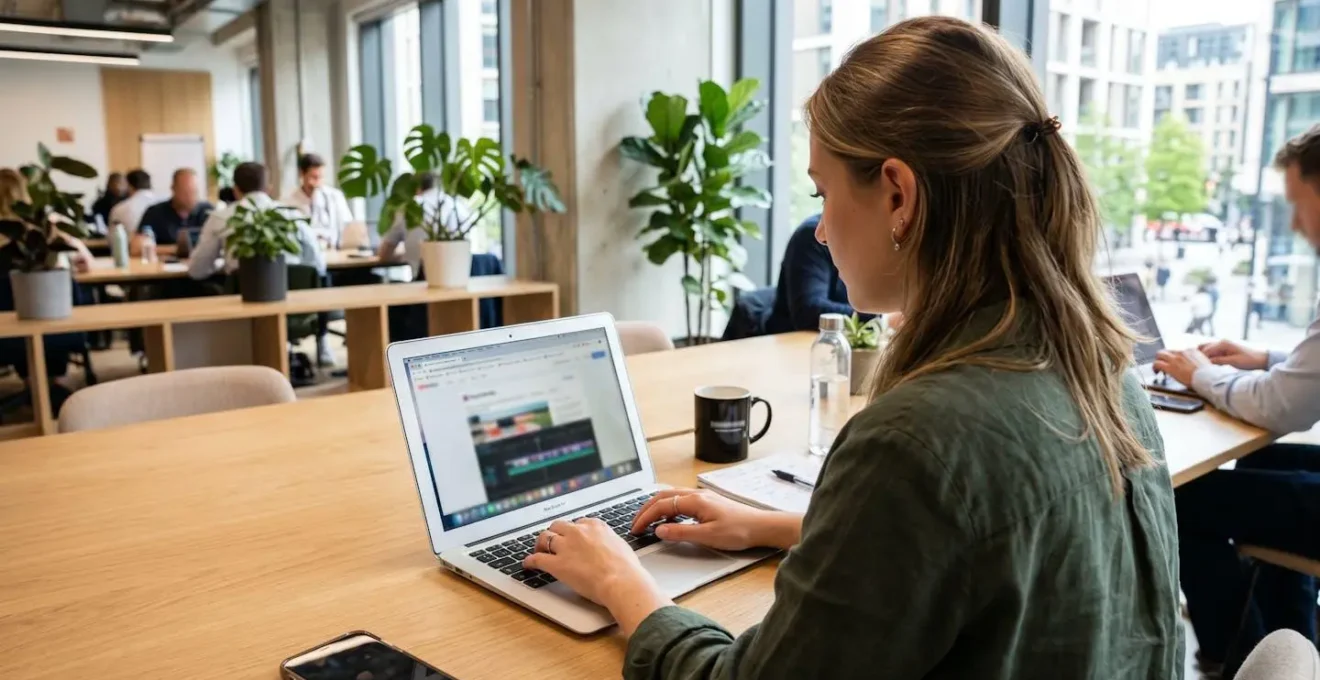 Marketing professional editing a video on a laptop in a bright modern co-working space, viewed from over the shoulder with the browser-based editor interface visible but blurred on screen
