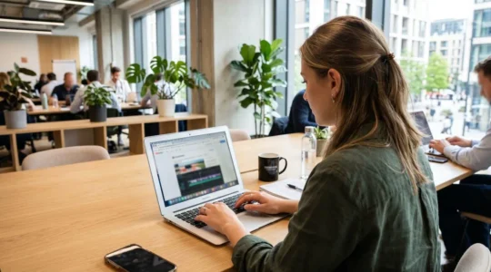 Marketing professional editing a video on a laptop in a bright modern co-working space, viewed from over the shoulder with the browser-based editor interface visible but blurred on screen