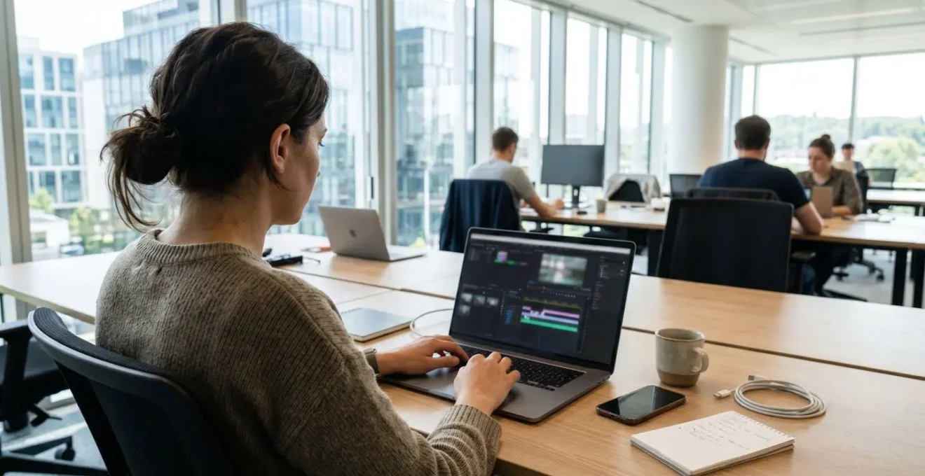 Marketing professional working on laptop with video editing interface visible on screen in bright modern office