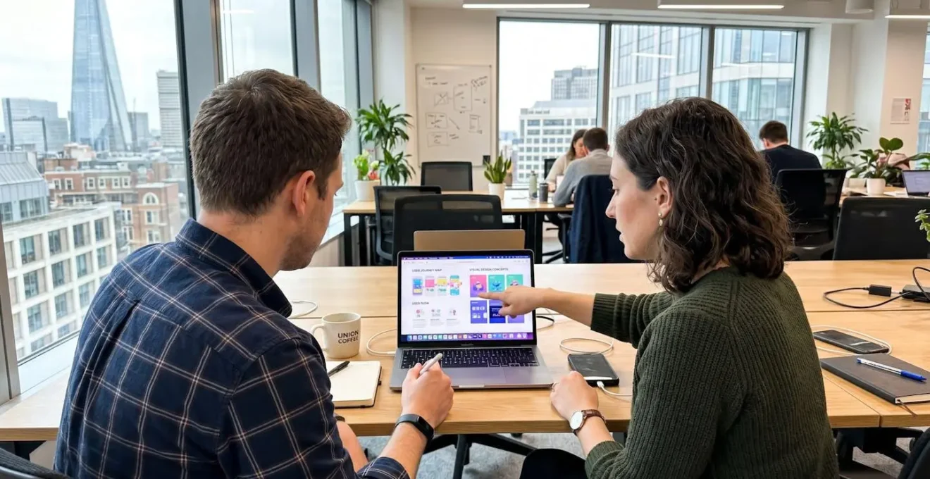 Two marketing professionals reviewing visual content designs on a laptop screen together in a modern UK office, viewed from over the shoulder