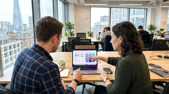 Two marketing professionals reviewing visual content designs on a laptop screen together in a modern UK office, viewed from over the shoulder