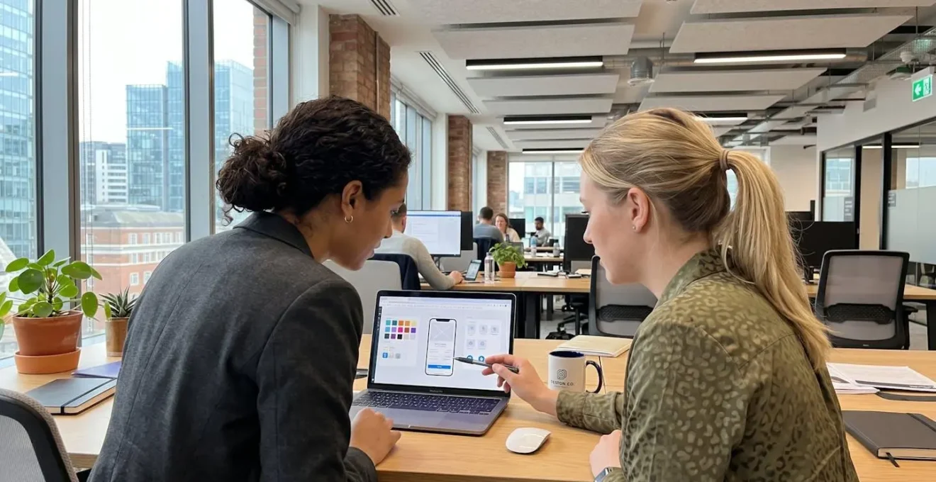 Two marketing professionals reviewing visual content designs on a laptop screen together in a modern UK office, viewed from over the shoulder