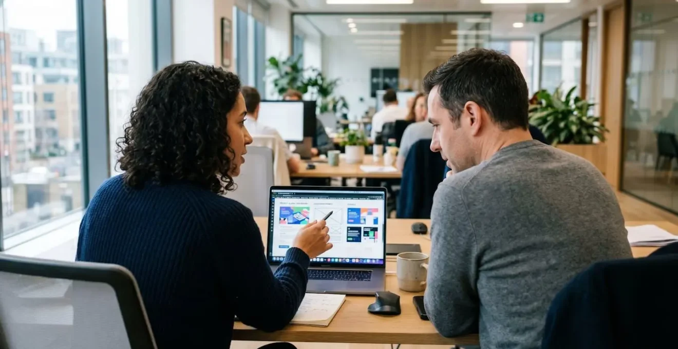Two marketing professionals reviewing visual content designs on a laptop screen together in a modern UK office, viewed from over the shoulder