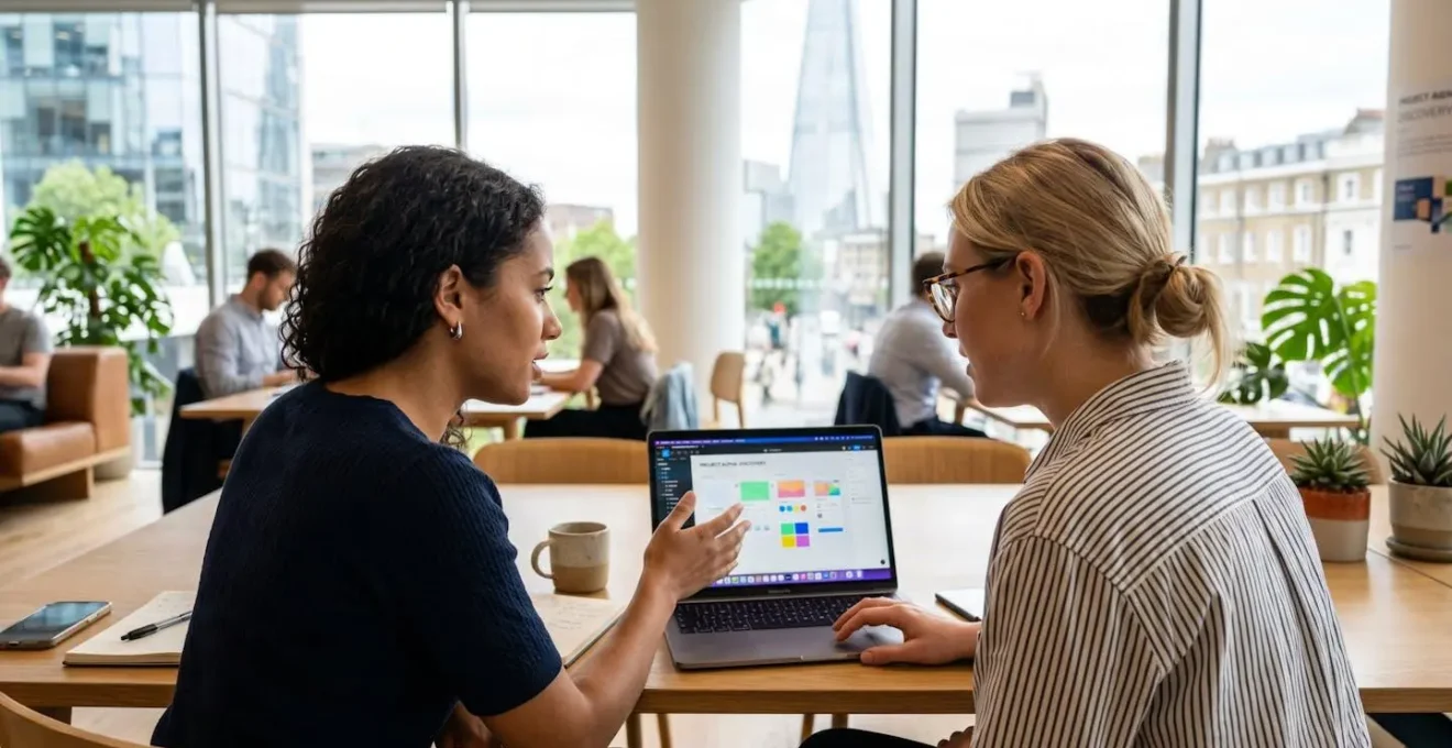Two marketing professionals reviewing visual content designs on a laptop screen together in a modern UK office, viewed from over the shoulder