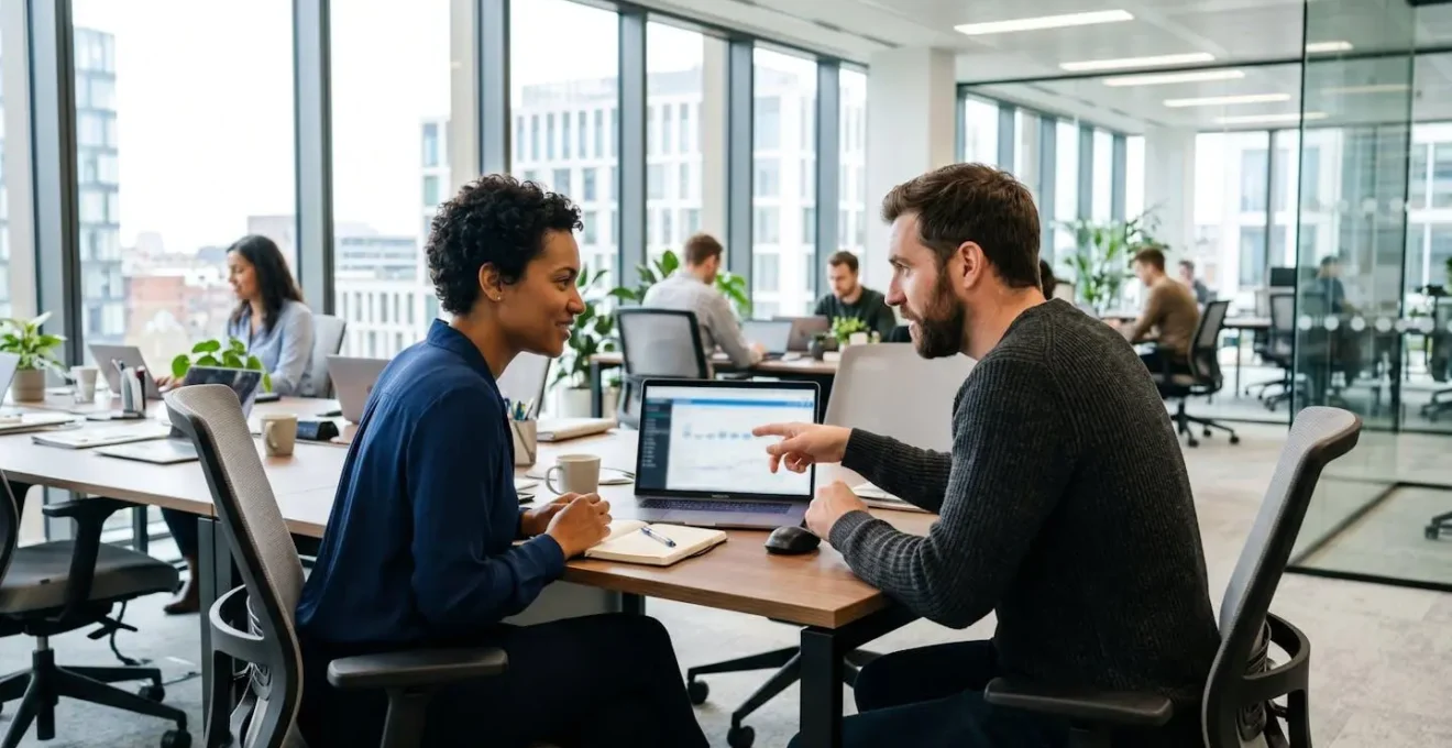 Two marketing professionals sitting at a desk reviewing video content on a laptop in a contemporary office with natural window lighting
