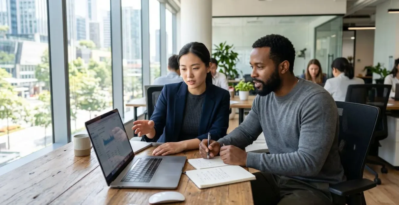 Two marketing professionals sitting at a desk reviewing video content on a laptop in a contemporary office with natural window lighting