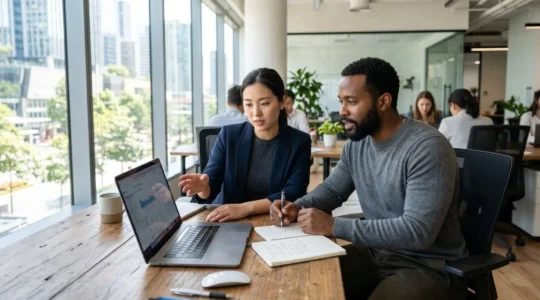 Two marketing professionals sitting at a desk reviewing video content on a laptop in a contemporary office with natural window lighting