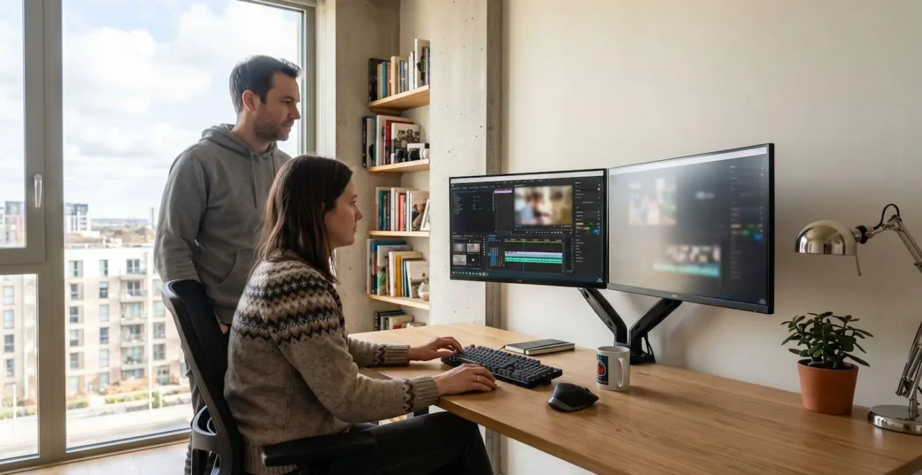 Contemporary content creation workspace showing dual monitors with video editing interface, clean desk setup with natural daylight, modern office interior