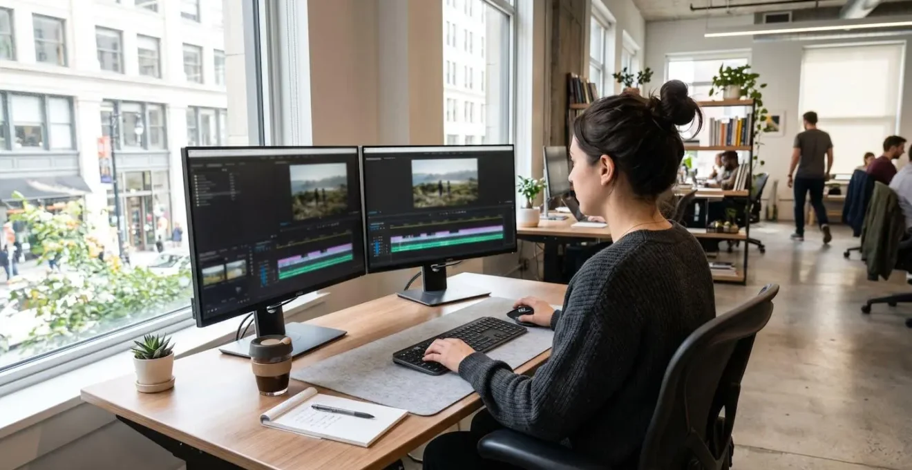 Contemporary content creation workspace showing dual monitors with video editing interface, clean desk setup with natural daylight, modern office interior