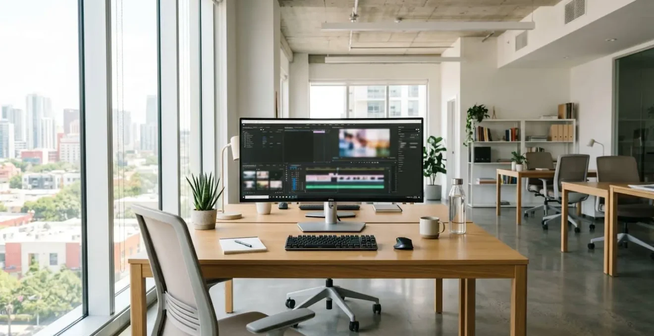 Bright contemporary office workspace with large monitor displaying video template interface on clean desk near windows
