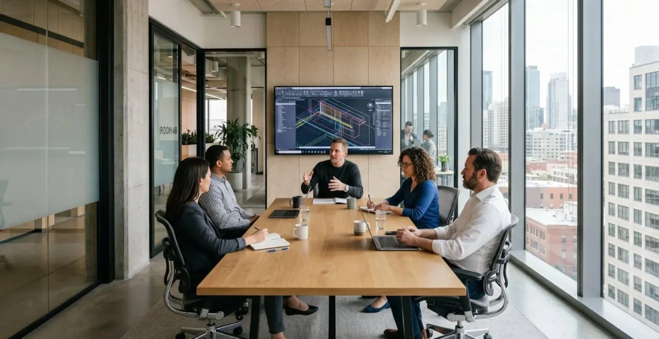 Modern UK office meeting room interior with large display screen showing a blurred design software interface, contemporary workspace with natural light, empty room ready for collaboration