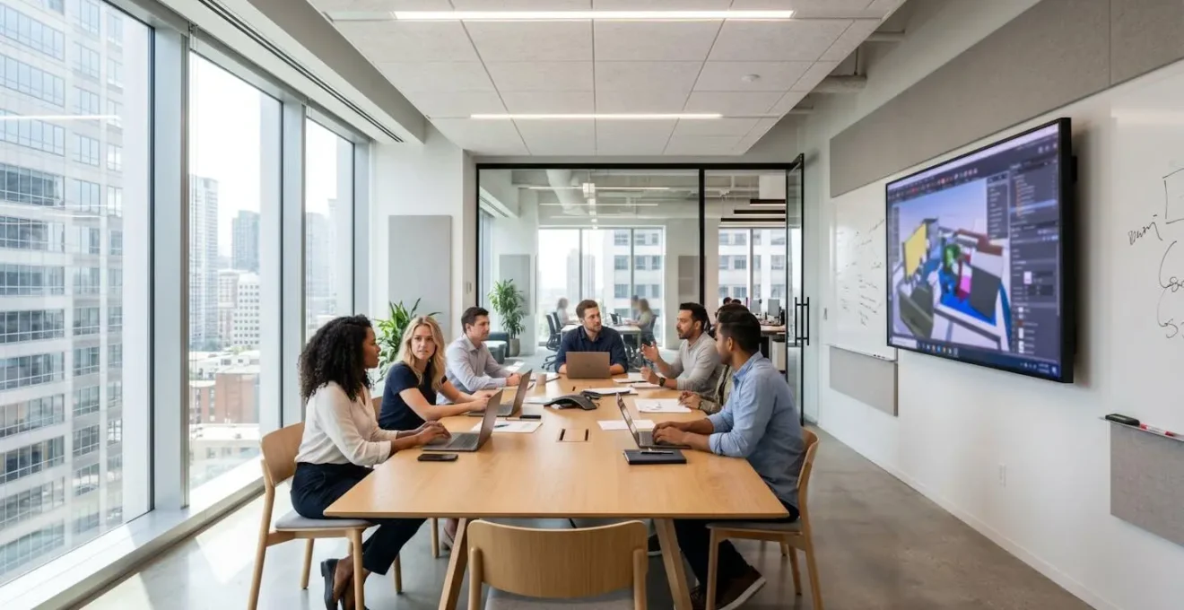 Modern UK office meeting room interior with large display screen showing a blurred design software interface, contemporary workspace with natural light, empty room ready for collaboration
