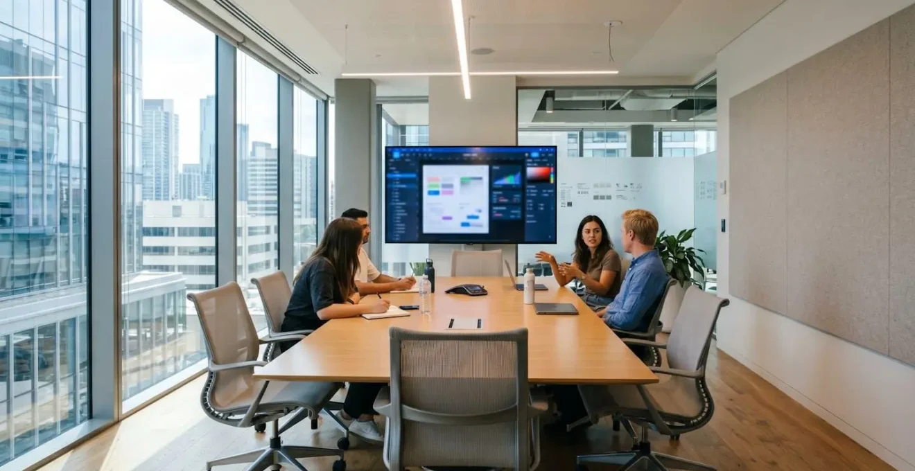 Modern UK office meeting room interior with large display screen showing a blurred design software interface, contemporary workspace with natural light, empty room ready for collaboration