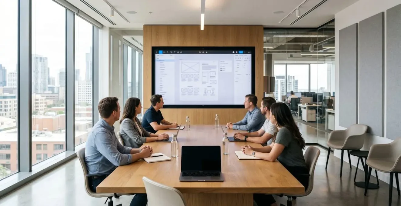 Modern UK office meeting room interior with large display screen showing a blurred design software interface, contemporary workspace with natural light, empty room ready for collaboration