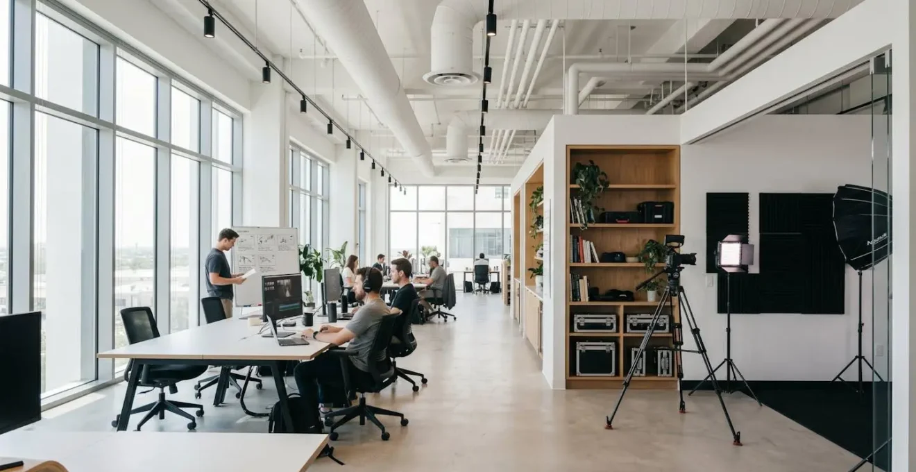 Wide-angle photograph of a bright contemporary video production workspace with large windows, clean modern interior design, and professional equipment visible but not dominant