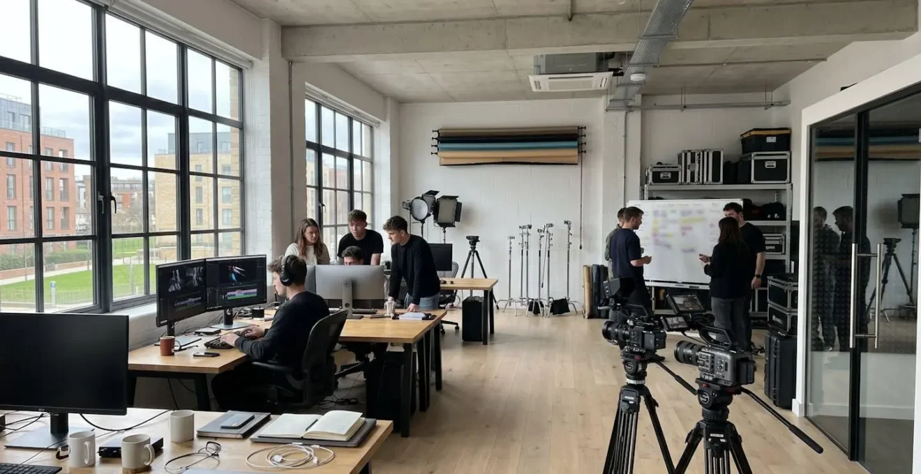 Wide-angle photograph of a bright contemporary video production workspace with large windows, clean modern interior design, and professional equipment visible but not dominant