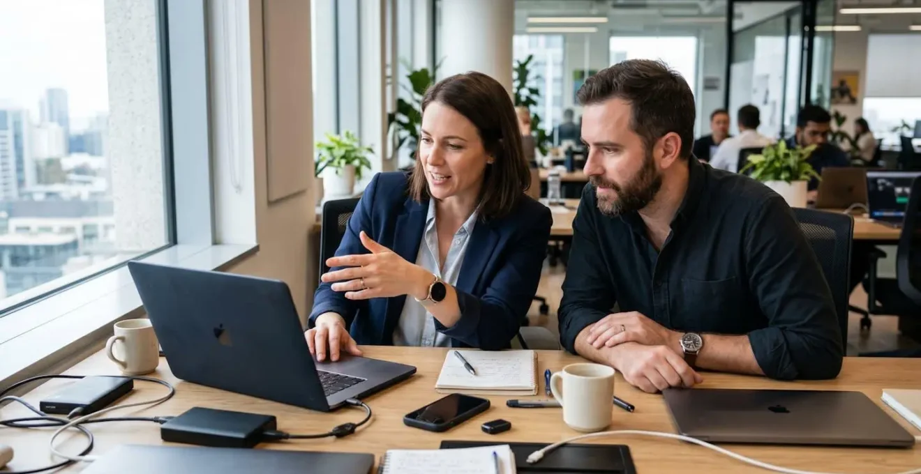 Two marketing professionals collaborating at a desk in a modern office, both looking at a laptop screen showing a video project, photographed in natural profile view with authentic interaction