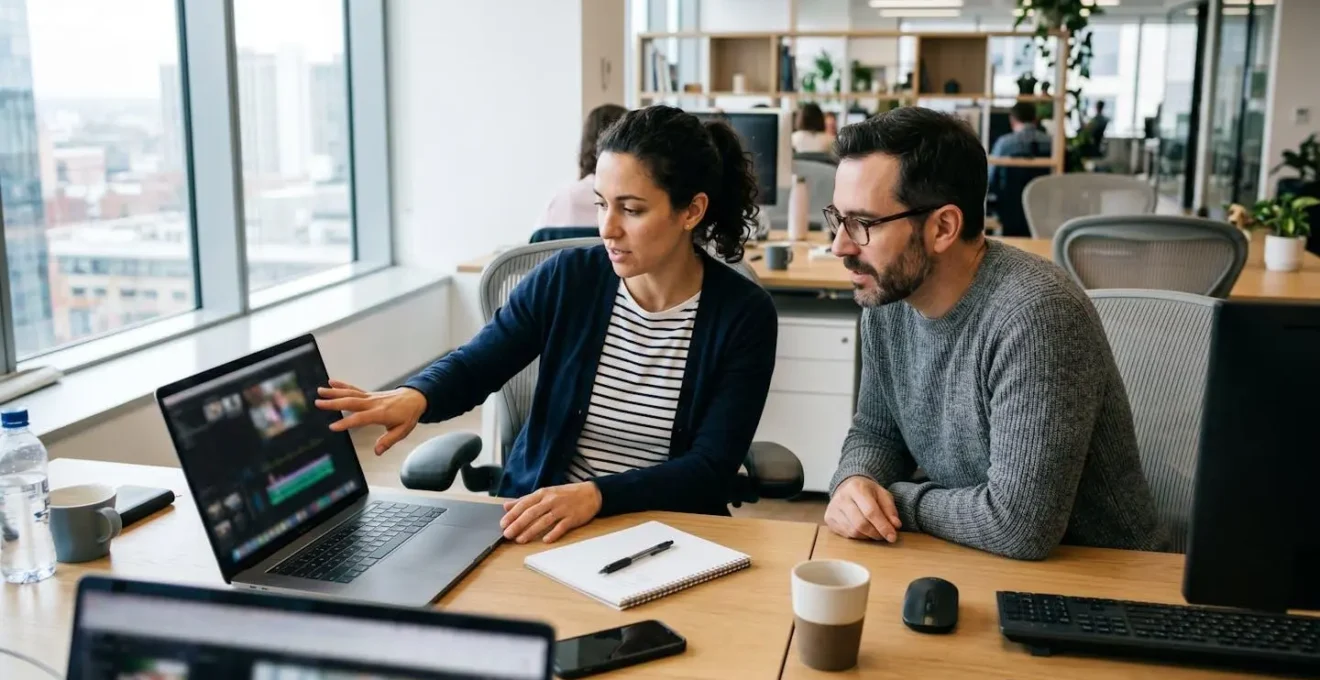 Two marketing professionals collaborating at a desk in a modern office, both looking at a laptop screen showing a video project, photographed in natural profile view with authentic interaction