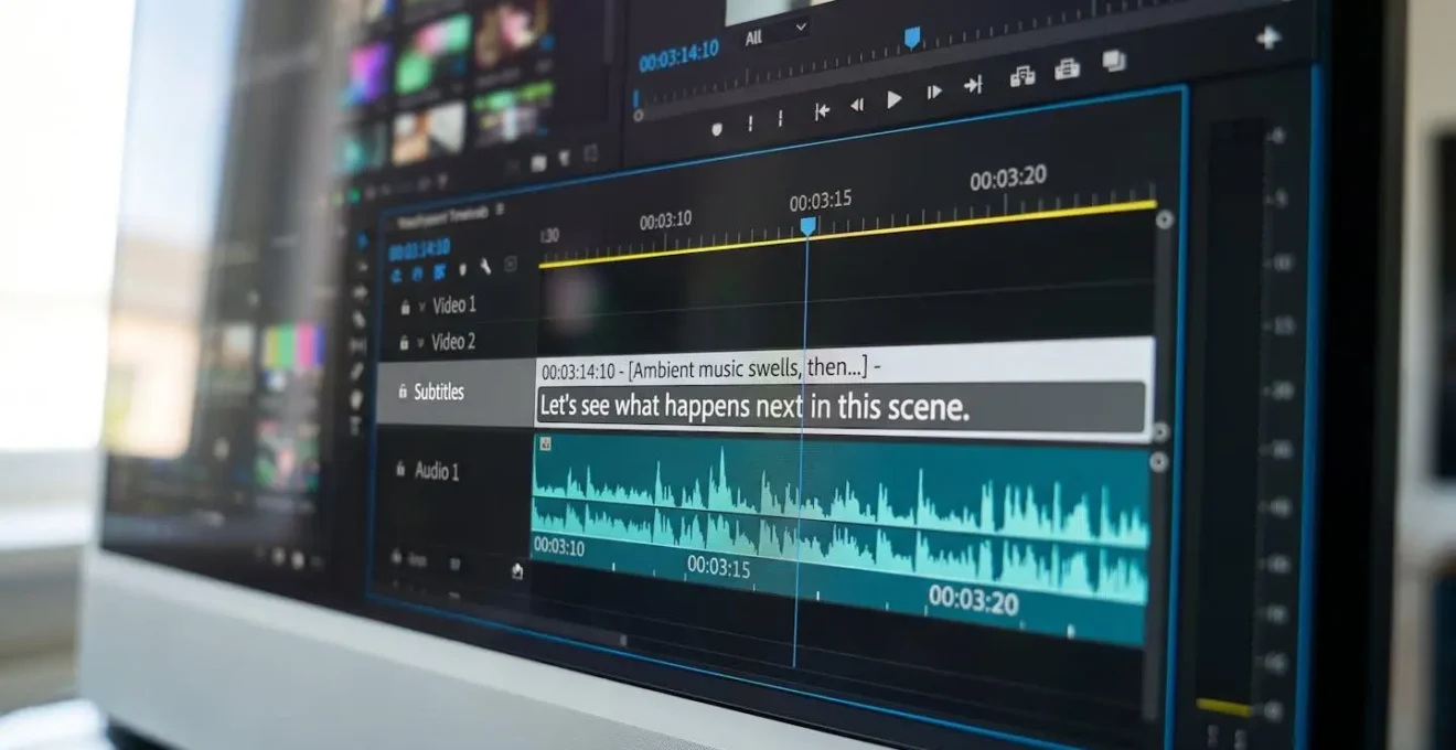 Extreme close-up macro photograph of a video editing timeline showing subtitle text overlay and waveform on a modern display