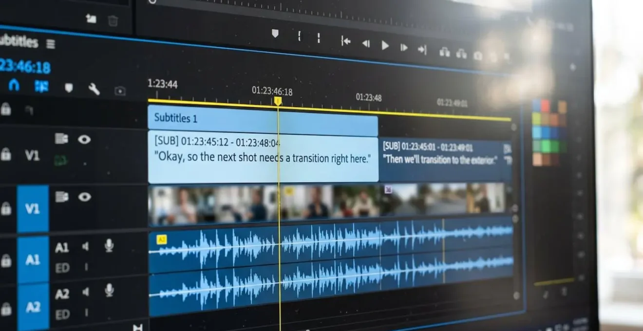 Extreme close-up macro photograph of a video editing timeline showing subtitle text overlay and waveform on a modern display